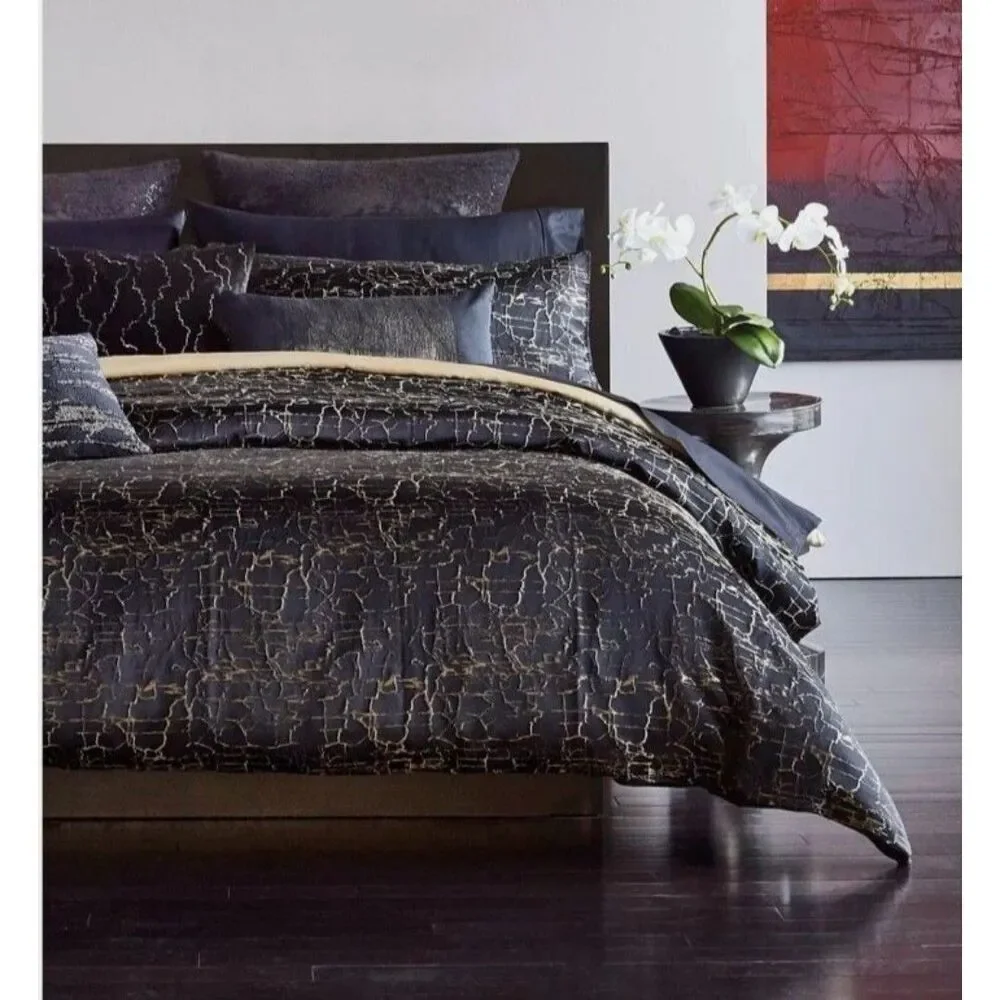 Donna Karan King Duvet Cover Black Gold Textured Onyx Collection Luxury Bedding